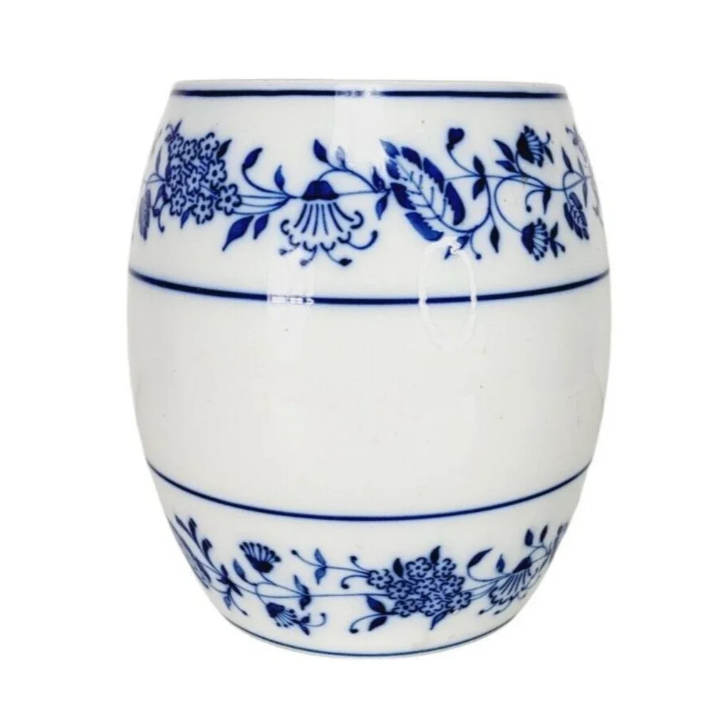 Antique German Porcelain Ceramic Blue & White Delft Round Coffee Jar Canister
